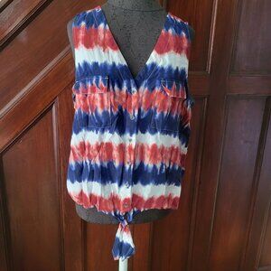 Rock & Republic Womens Tie-Dye Button-Down V-Neck Tank Top - Red White & Blue -